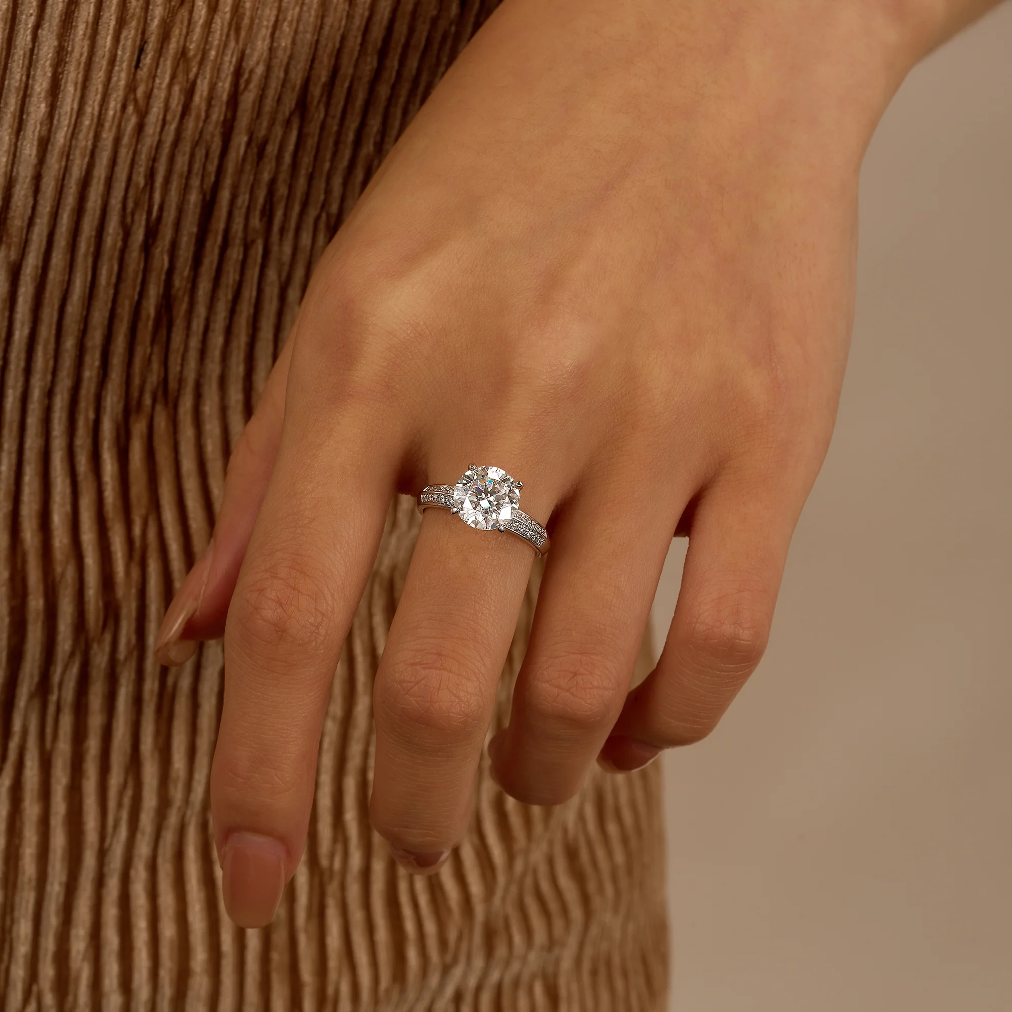 Round Moissanite Engagement Ring with Pavé Double Row Band - Image 12