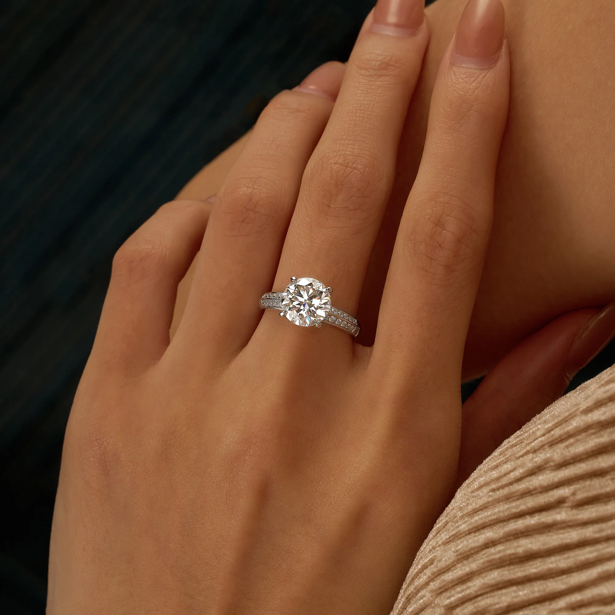 Round Moissanite Engagement Ring with Pavé Double Row Band - Image 13