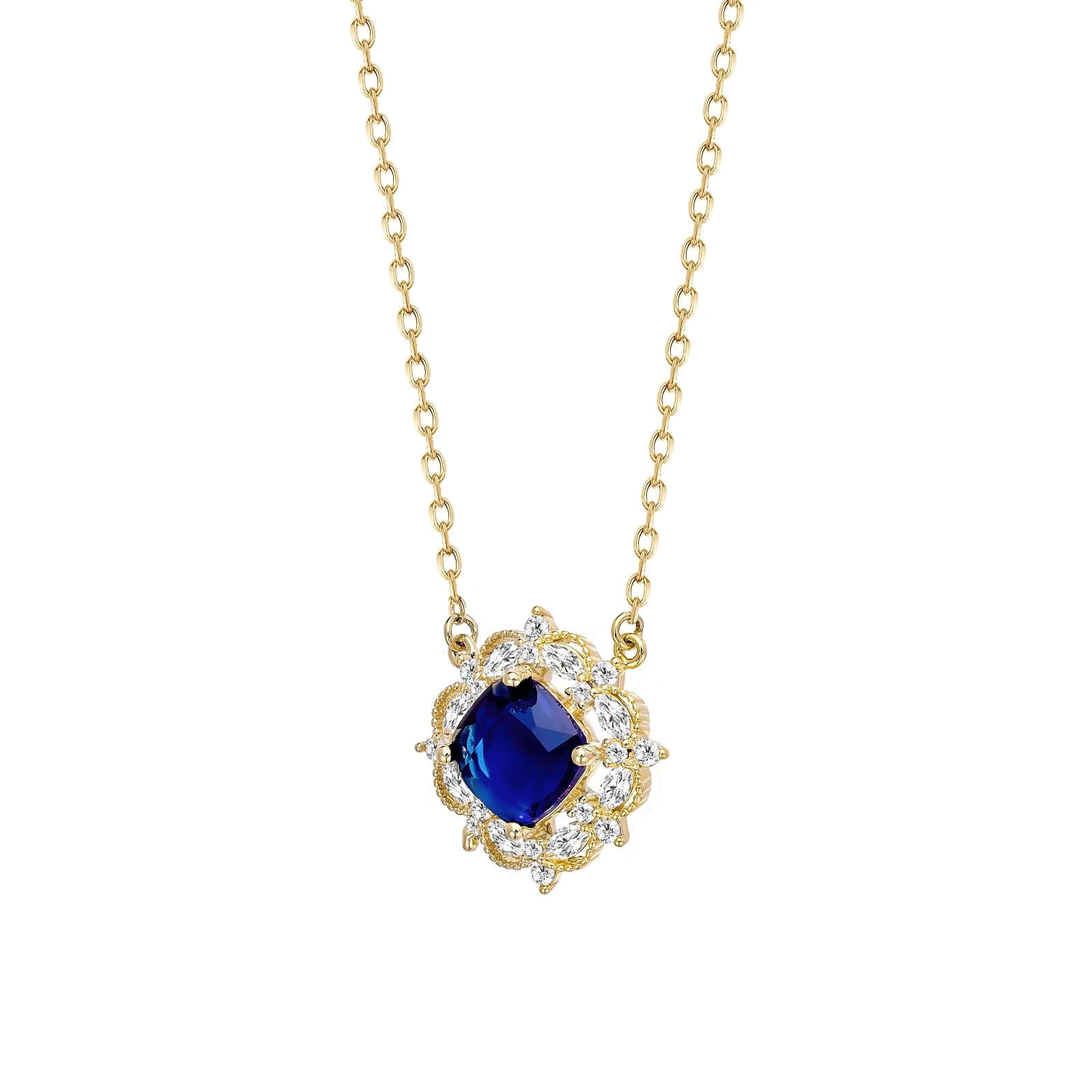 Royal Blue Sapphire Round With Halo Style Pendant Necklace - Image 3