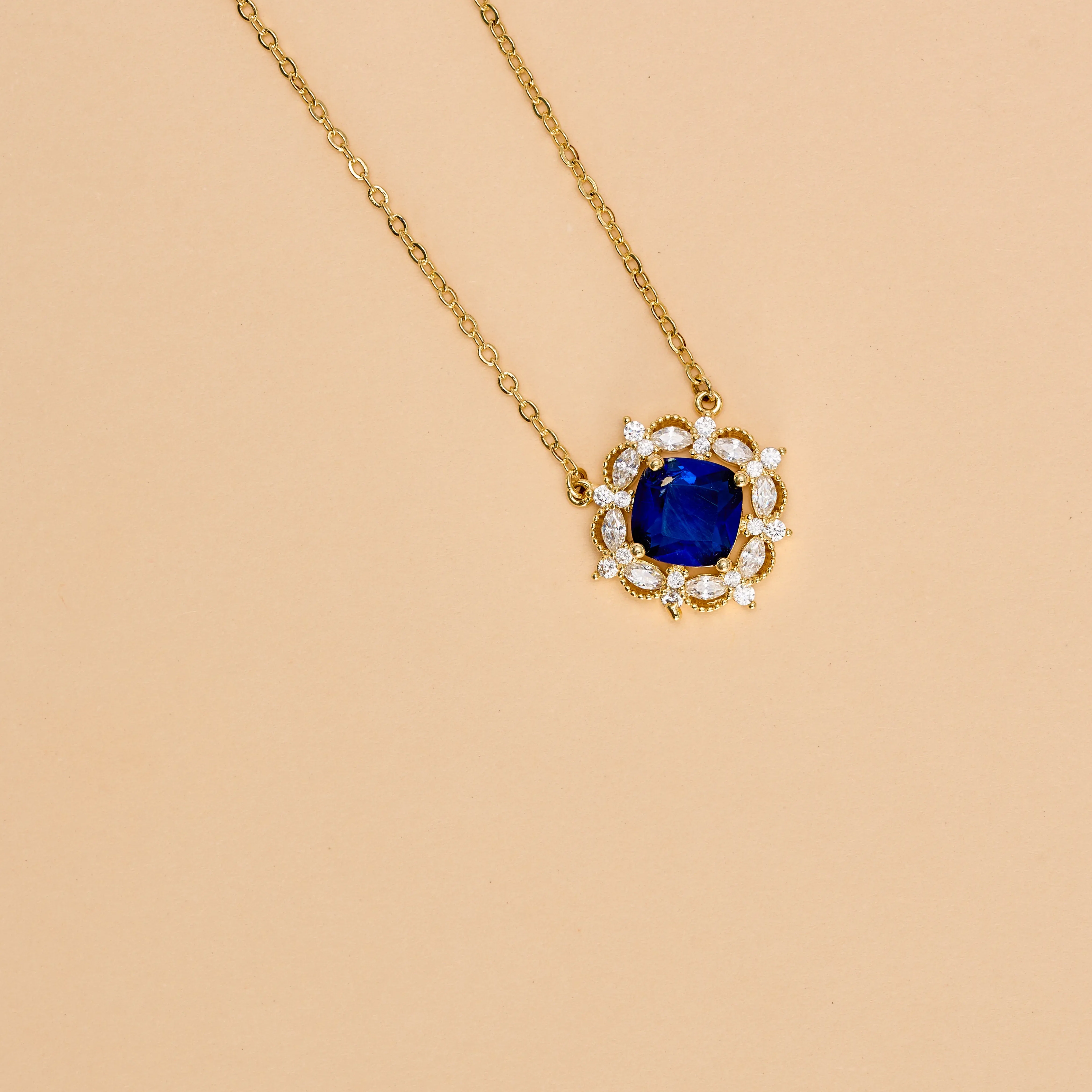 Royal Blue Sapphire Round With Halo Style Pendant Necklace - Image 5