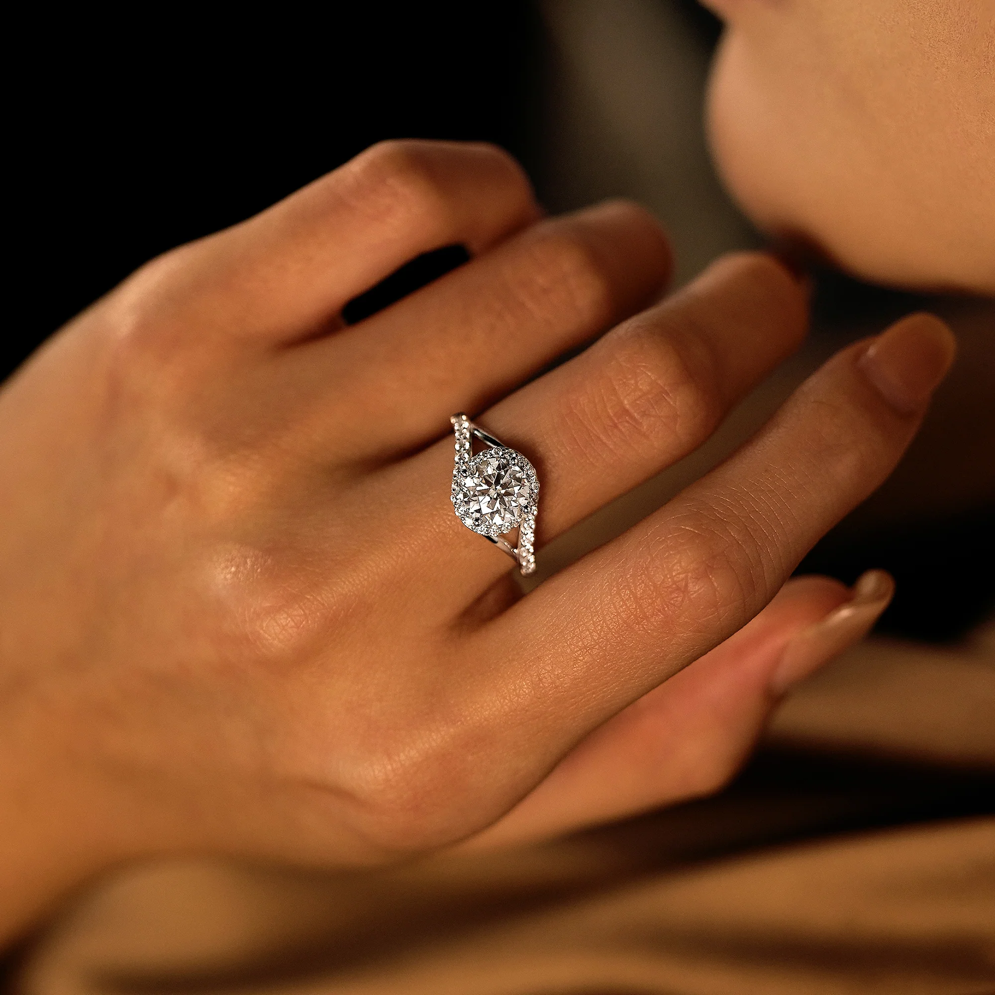 Starlight Halo Moissanite Ring with Twist Pavé Band - Image 13