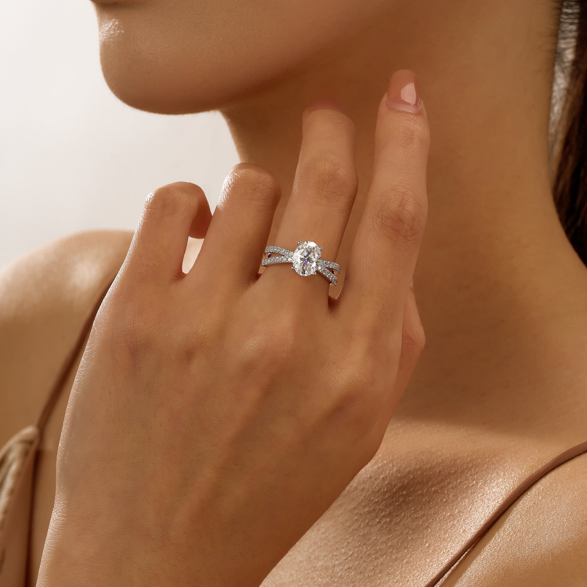 Oval Moissanite Engagement Ring with Crossover Pavé Band - Image 12