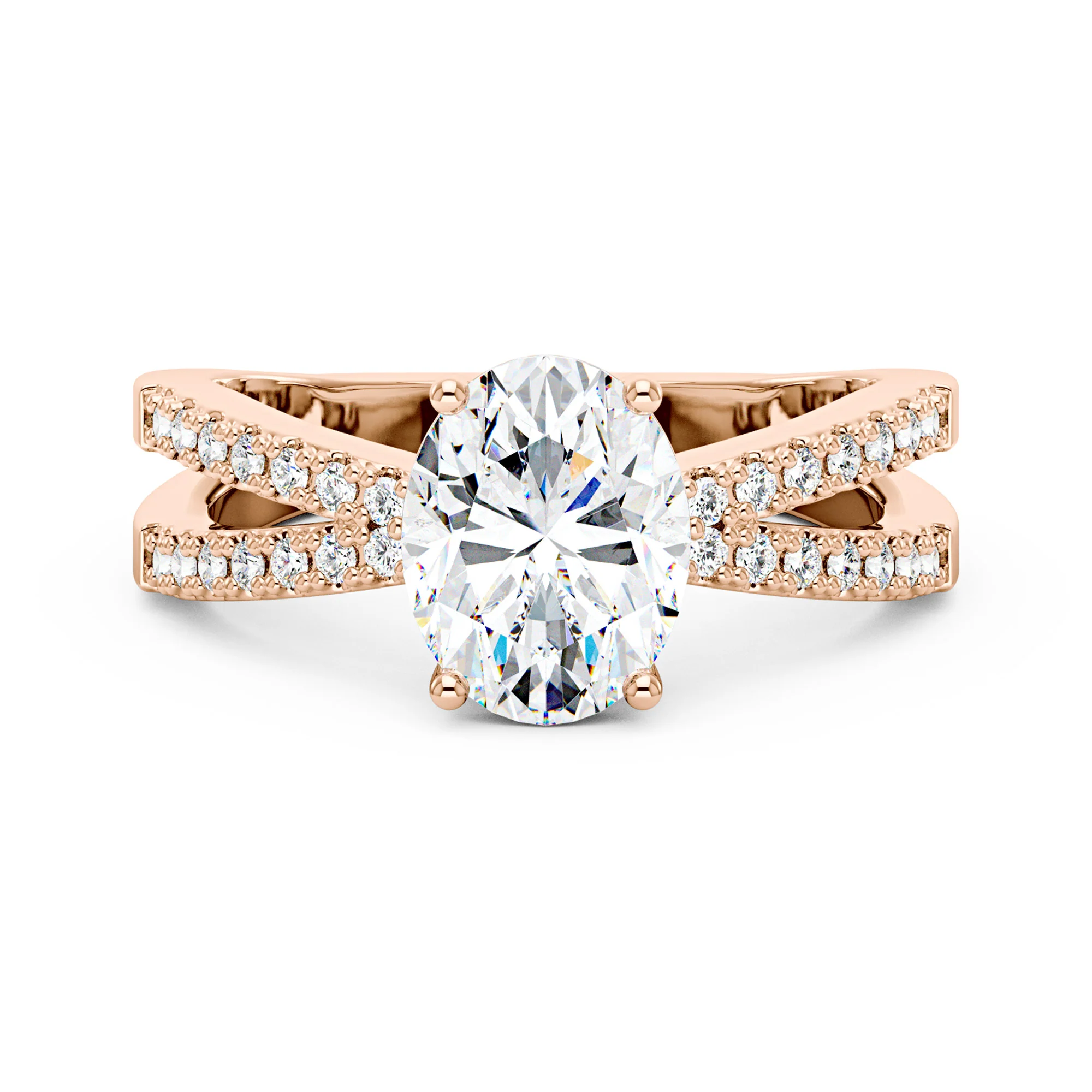 Oval Moissanite Engagement Ring with Crossover Pavé Band - Image 7
