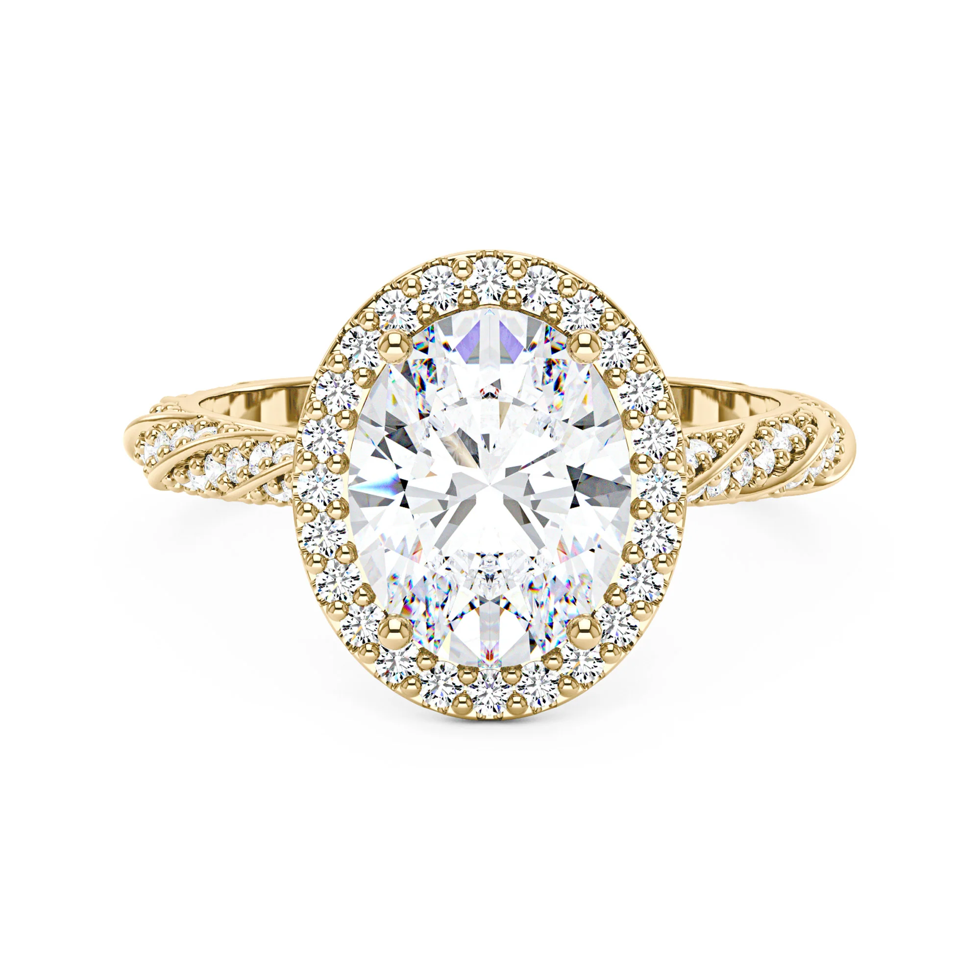 Oval Halo Moissanite Engagement Ring with Twisted Pavé Band - Image 4