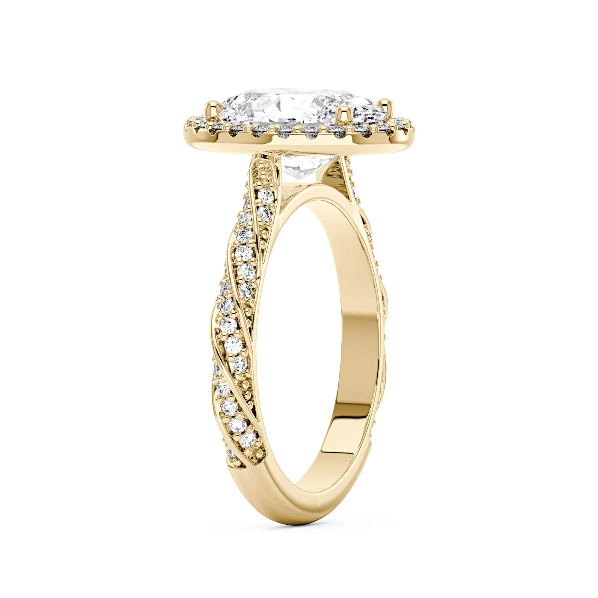 Oval Halo Moissanite Engagement Ring with Twisted Pavé Band - Image 5