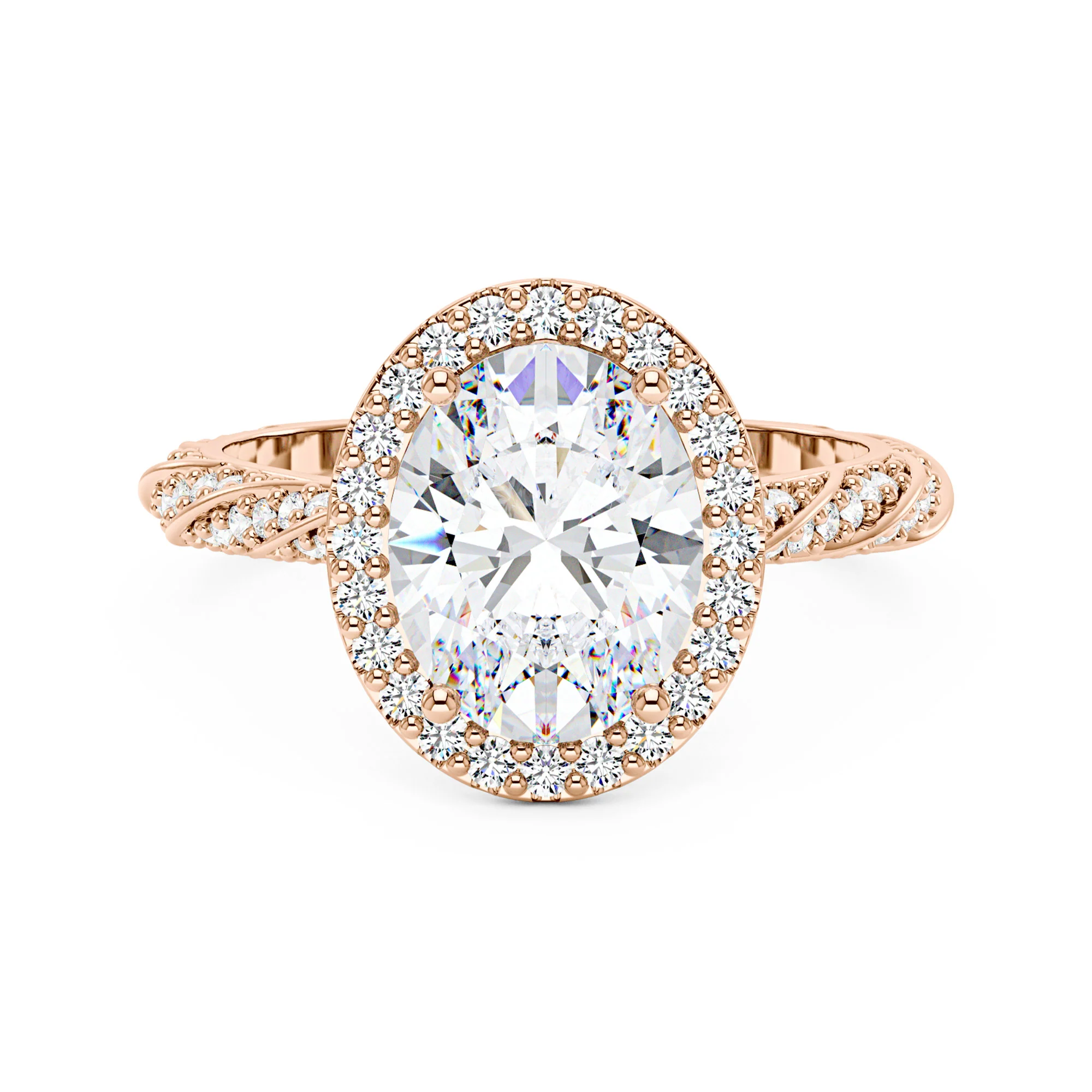 Oval Halo Moissanite Engagement Ring with Twisted Pavé Band - Image 7