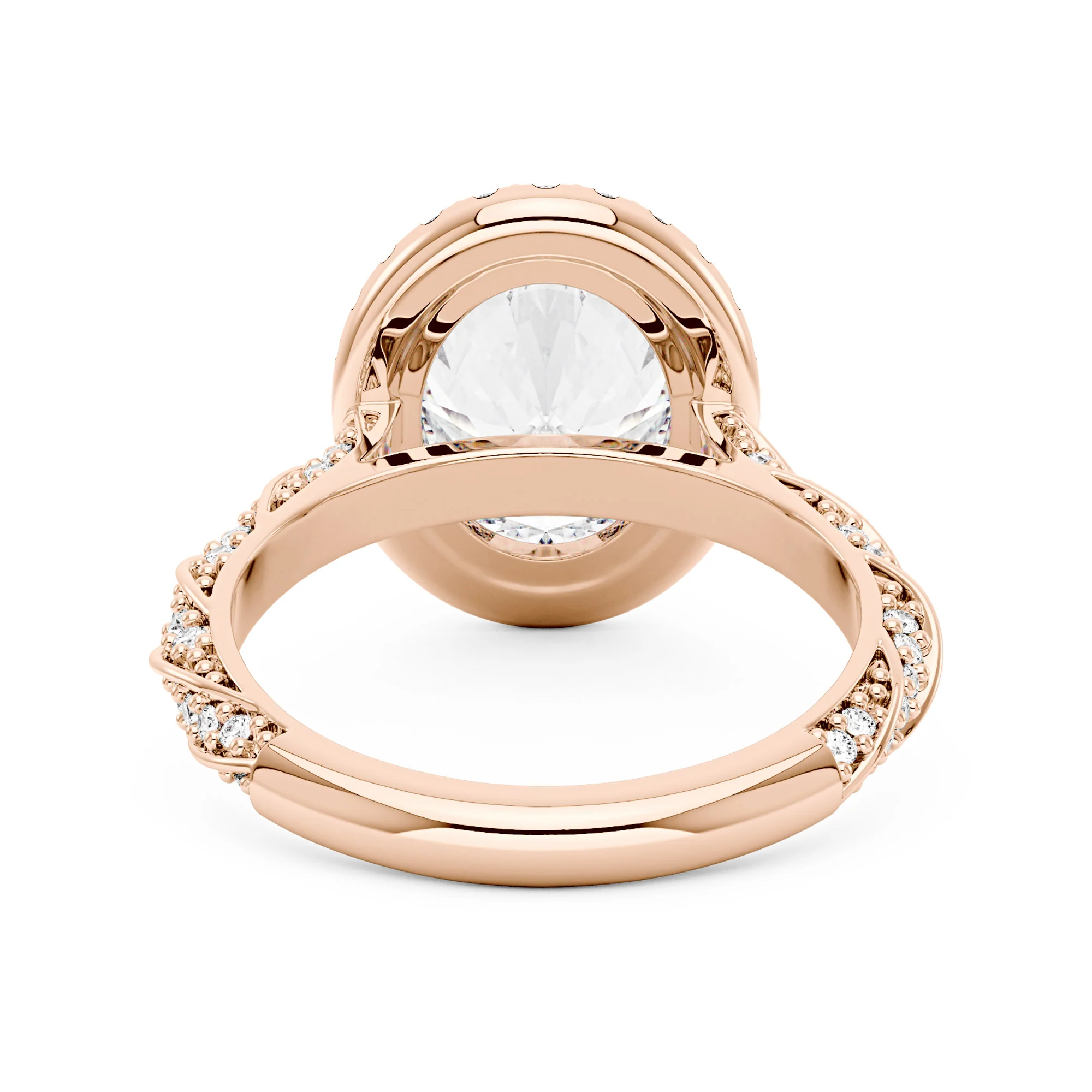 Oval Halo Moissanite Engagement Ring with Twisted Pavé Band - Image 9